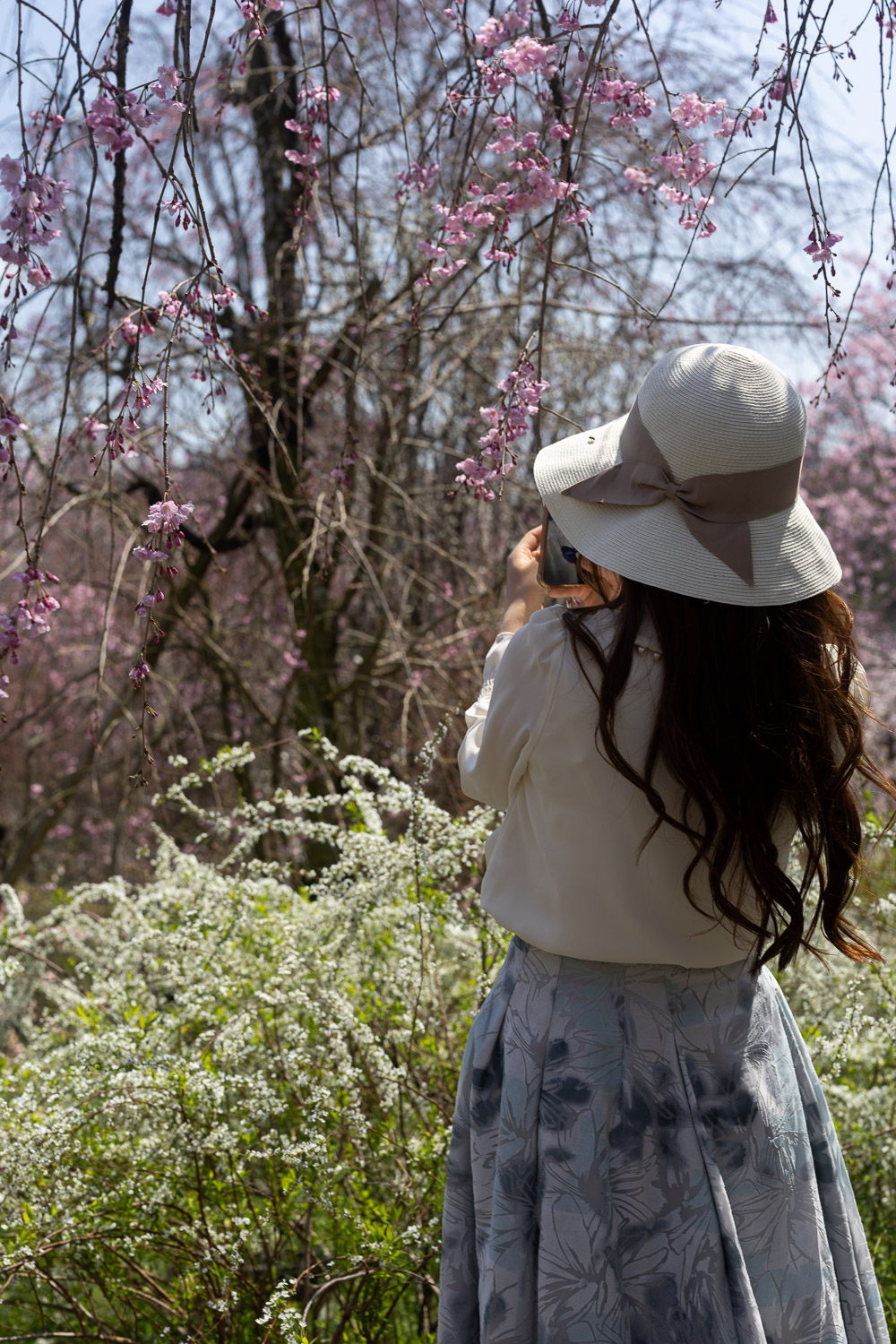 A visitor in a straw hat photographs weeping cherry blossoms at Haradanien garden in Kyoto during peak spring bloom