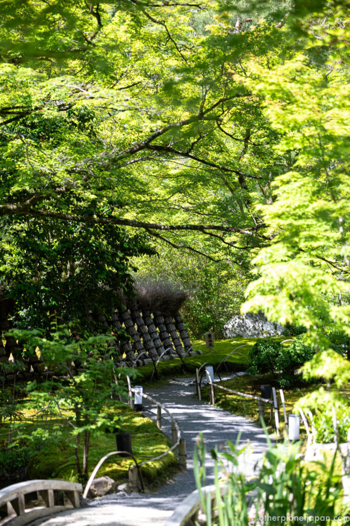 Lush green walking trail inside Hogonin Temple, Arashiyama