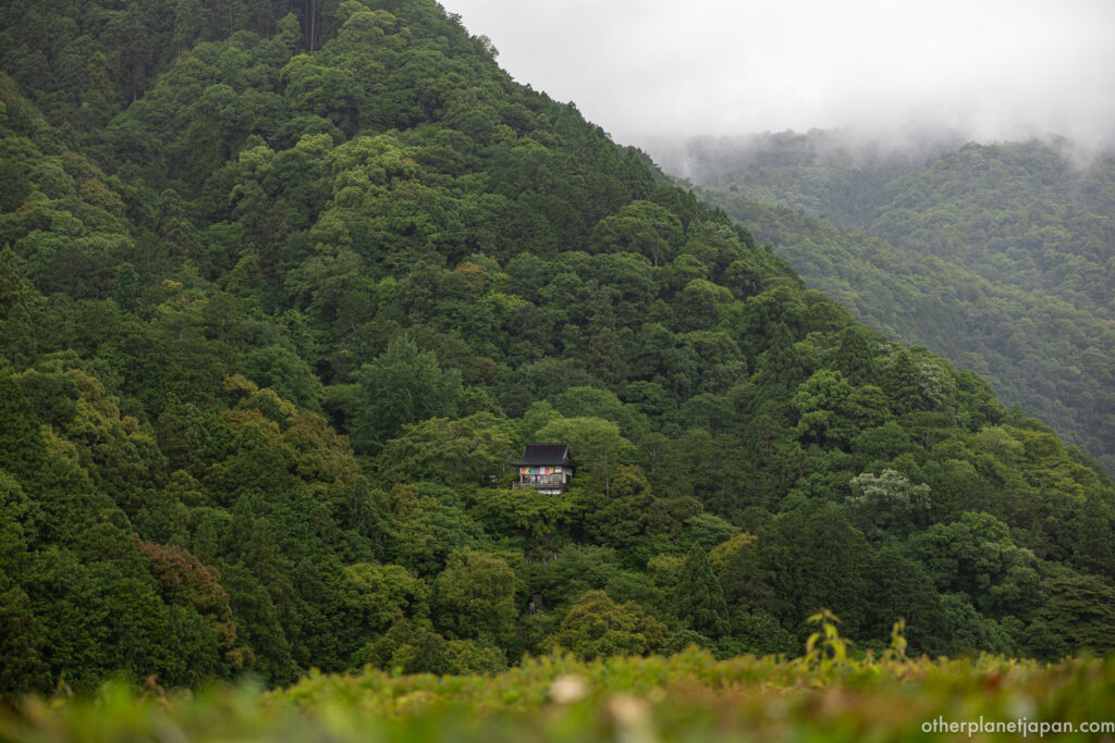 Distant temple nestled into misty forested mountainside seen from Okochi Sanso, Arashiyama
