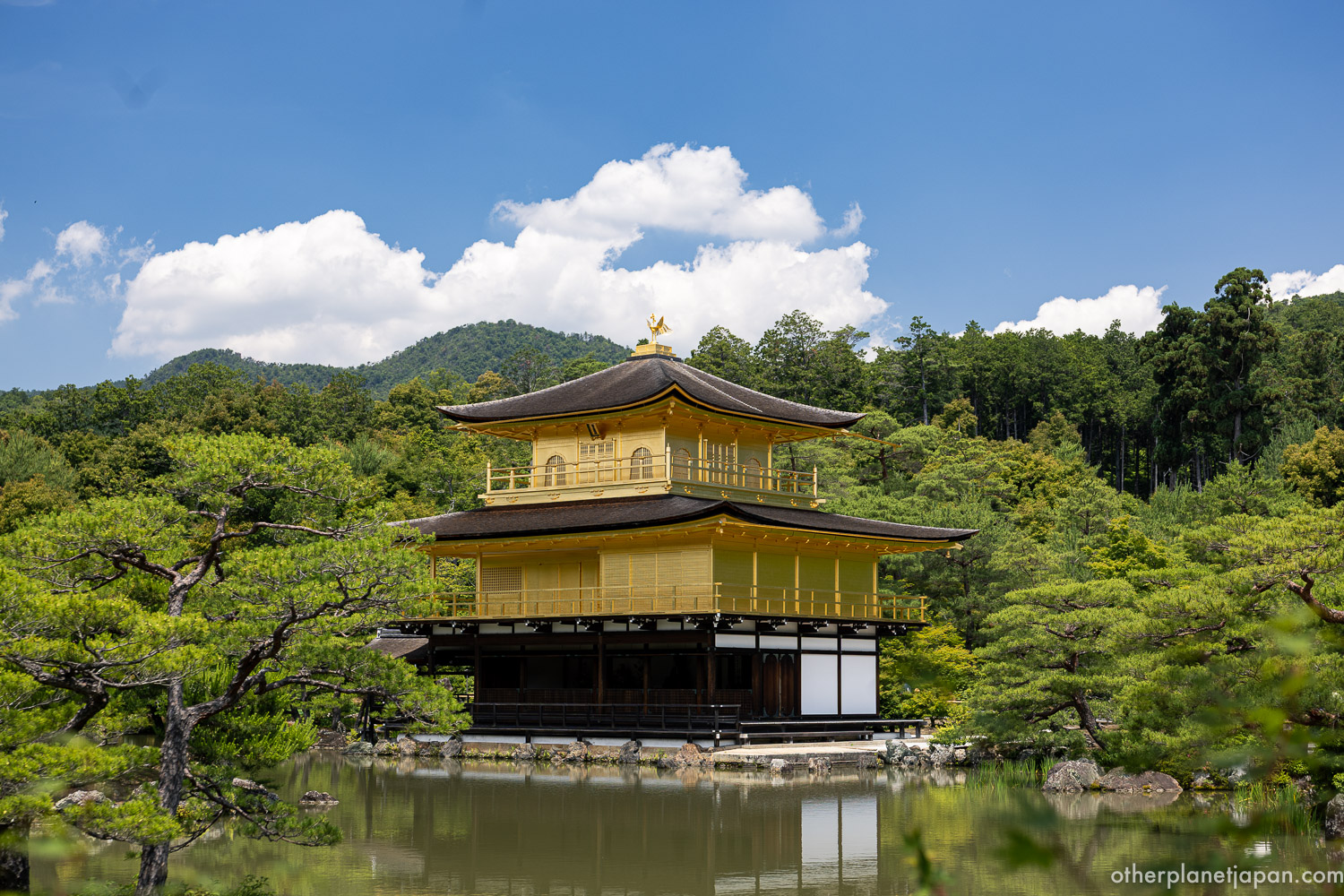 The Golden Pavilion, Kinkaku-ji, reflecting perfectly in the Mirror Pond under a blue sky in Kyoto.