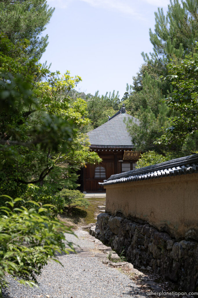 Stone wall pathway leading to a temple hall through pine trees near the exit of Kinkakuji, Kyoto