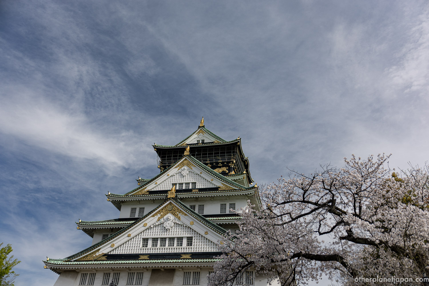 Osaka Castle main tower against spring clouds, Tenshukaku