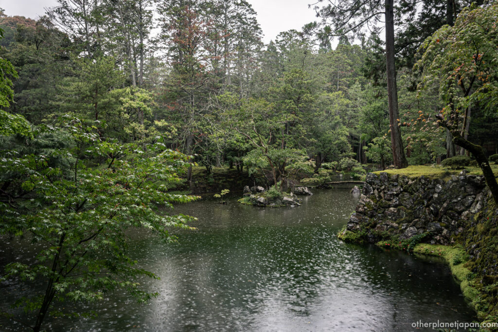 A serene wet stone path winding through the lush green moss gardens and tall trees of Saiho-ji Temple (Kokedera) in Kyoto