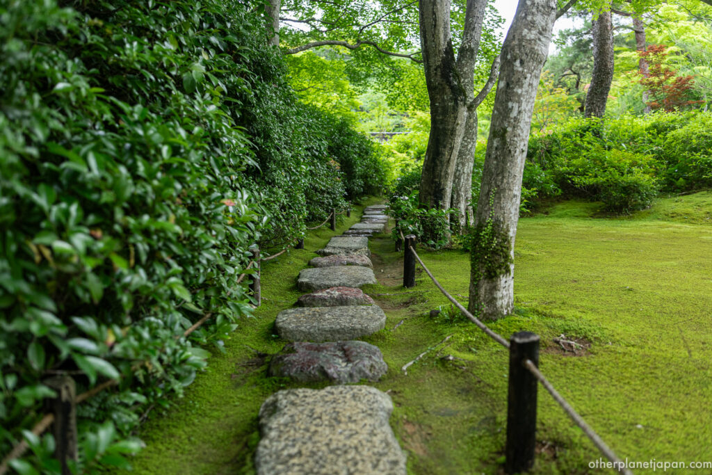 Stepping stones crossing a moss bed beside a rope fence at Okochi Sanso, Arashiyama