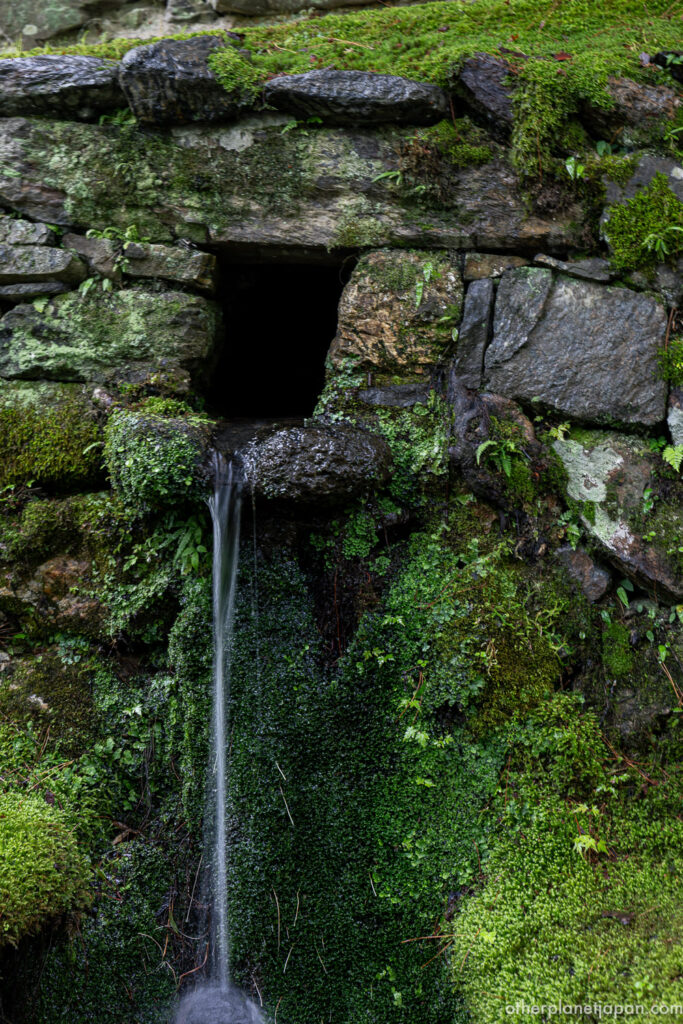 Small waterfall trickling from a moss-covered stone wall in the garden of Nison-in Temple