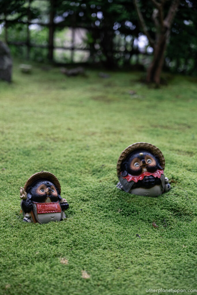 Two ceramic tanuki statues half buried in the moss garden at Adashino Nenbutsuji Temple, Kyoto