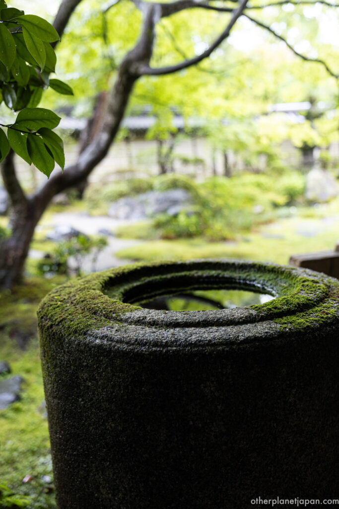 Moss-covered stone water basin with a temple garden in the background at Eikando Temple, Kyoto