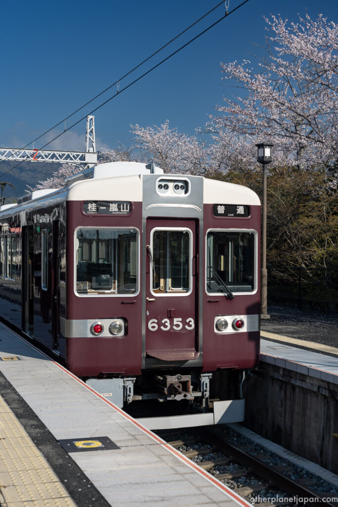 Hankyu Arashiyama Station platform sign with cherry blossoms in full bloom in spring