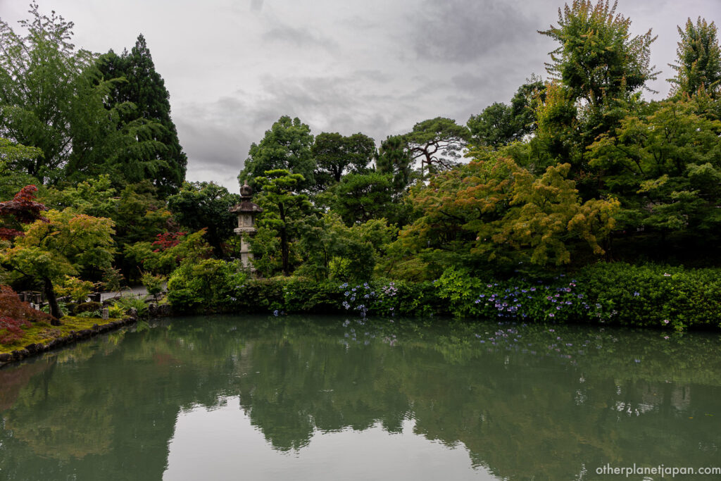 Hojo Pond at Eikando Temple in early summer, with hydrangeas, a stone lantern, and green trees reflected in the still water under an overcast Kyoto sky