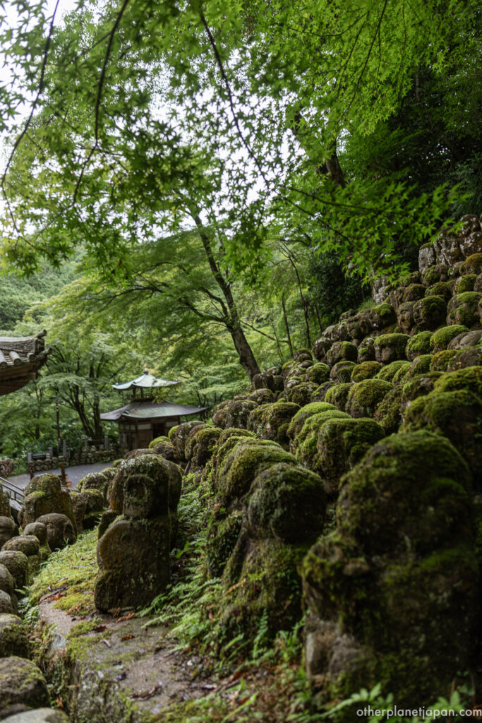 Temple grounds of Otagi Nenbutsuji with moss-covered rakan statues lining the path toward a pagoda-style hall