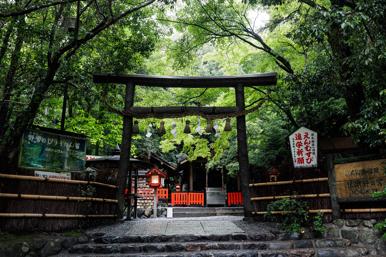 The black wooden torii gate of Nonomiya Shrine in Arashiyama, framed by summer greenery