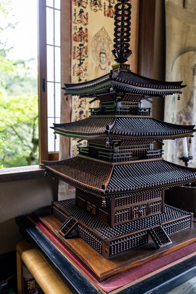 Model pagoda built from abacuses at Daihikaku Senkoji Temple, honoring mathematician Yoshida Mitsuyoshi