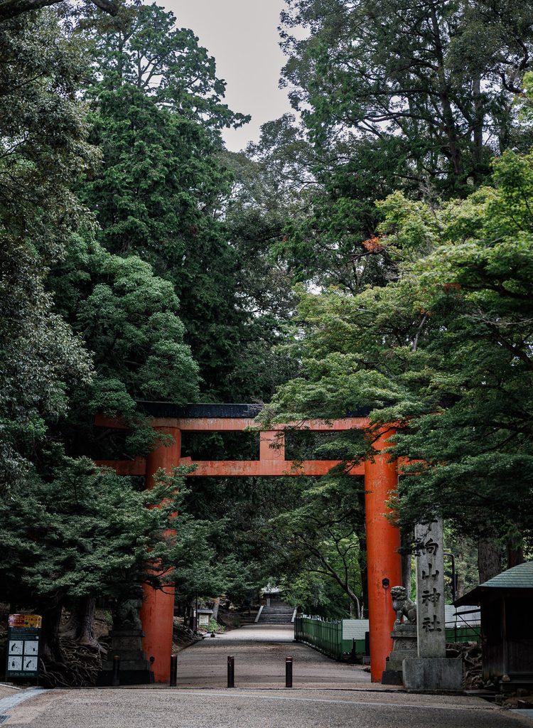 Giant vermilion torii gate of Tamukeyama Hachimangu Shrine east of Todaiji Great Buddha Hall