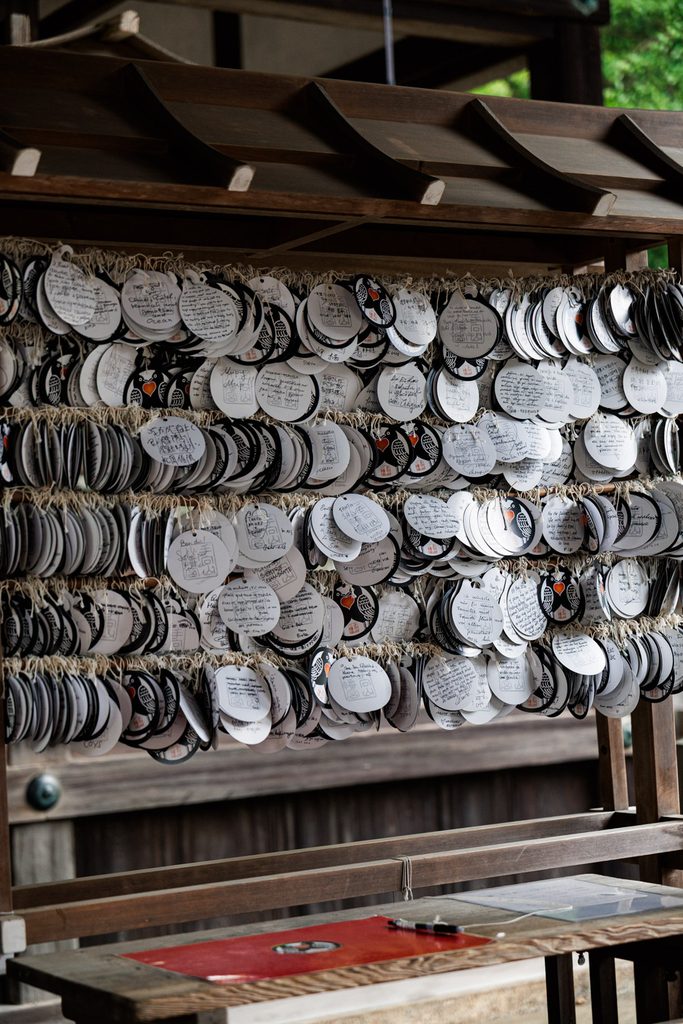Round dove ema wishing plaques hanging in rows at Tamukeyama Hachimangu Shrine, Nara