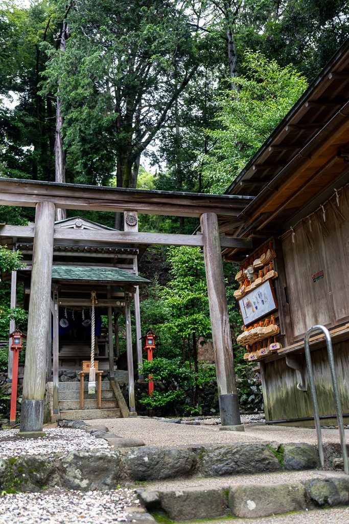 Weathered wooden torii gate and small hall at Mikami Shrine, surrounded by cedar trees