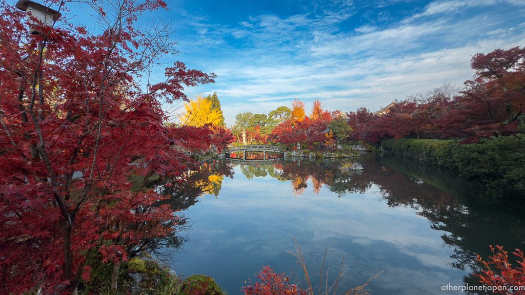 Red maples, a yellow ginkgo, and the Gokurakubashi bridge reflected in Hojo Pond under a blue sky at Eikando Temple in autumn