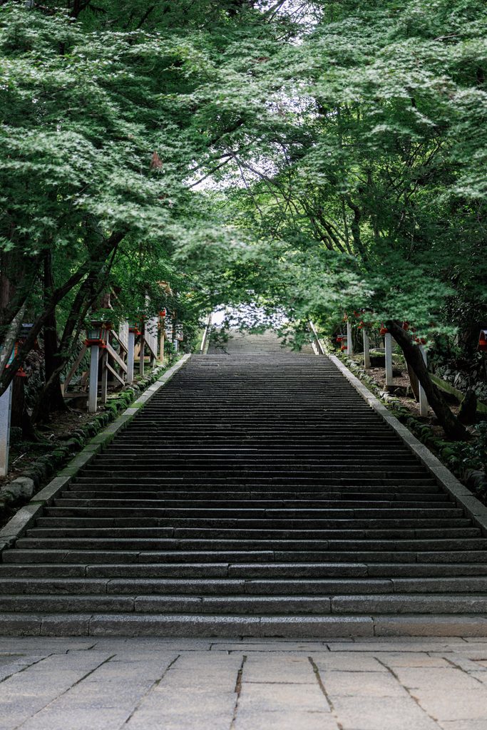 Empty stone steps climbing the hillside to Horinji Temple in Kyoto