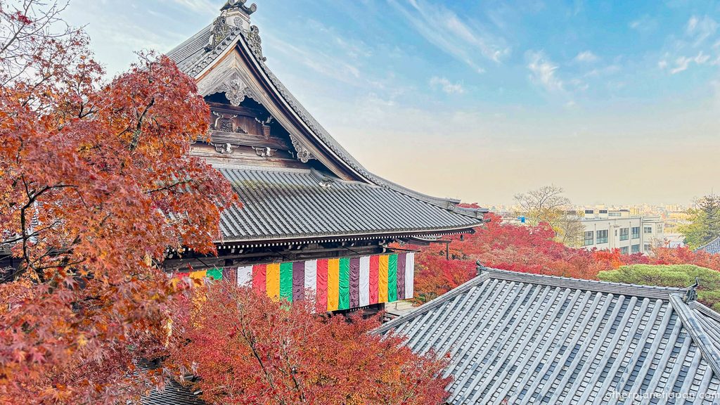 Mieido hall with five-color Buddhist curtains and red autumn maples, seen from the Tahoto pagoda at Eikando Temple, with Kyoto city beyond