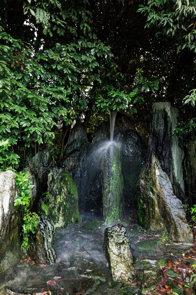 Reiki no Taki, the Falls of the Sacred Turtle, flowing over mossy rocks behind Matsunoo Taisha