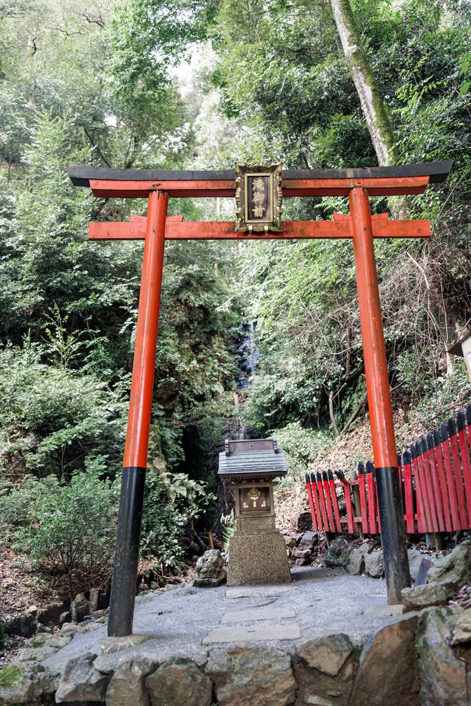 The small red torii of Takinoomae-sha shrine standing before Reiki Falls at Matsunoo Taisha