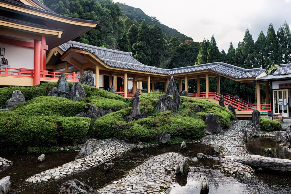 Joko no Niwa garden at Matsunoo Taisha, with standing stones and clipped shrubs recreating the sacred iwakura