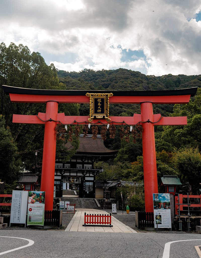 The red torii of Matsuo Taisha with withered sakaki bundles known as wakikanjo hanging from the crossbeam
